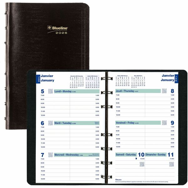 Blueline Essential Weekly Planner. 8" x 5" , Bilingual, Black - Weekly, Daily - 12 Month - January 2026 to December 2026 - 7:00 AM to 6:00 PM - Hourly - 1 Week Single Page Layout - 5" (127 mm) x 8" (203.20 mm) Sheet Size - Twin Wire - Black - Paper - Refe