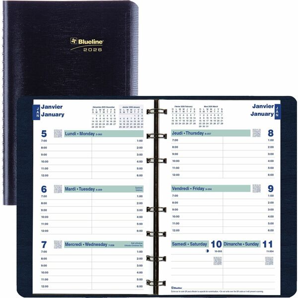 Blueline Essential Weekly Planner. 8" x 5" , Bilingual, Blue - Weekly - 12 Month - January 2026 to December 2026 - 7:00 AM to 6:00 PM - Hourly - 1 Week Single Page Layout - 5" (127 mm) x 8" (203.20 mm) Sheet Size - Twin Wire - Blue - Appointment Schedule,