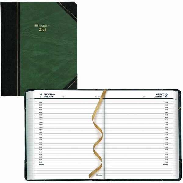 Blueline Traditional Daily Planner, 8" x 6-1/2" , English, Green - Daily - 12 Month - January 2026 to December 2026 - 7:00 AM to 7:30 PM - Half-hourly - 1 Day Single Page Layout - 6 1/2" (165.10 mm) x 8" (203.20 mm) Sheet Size - Sewn - Black, Green - Hard