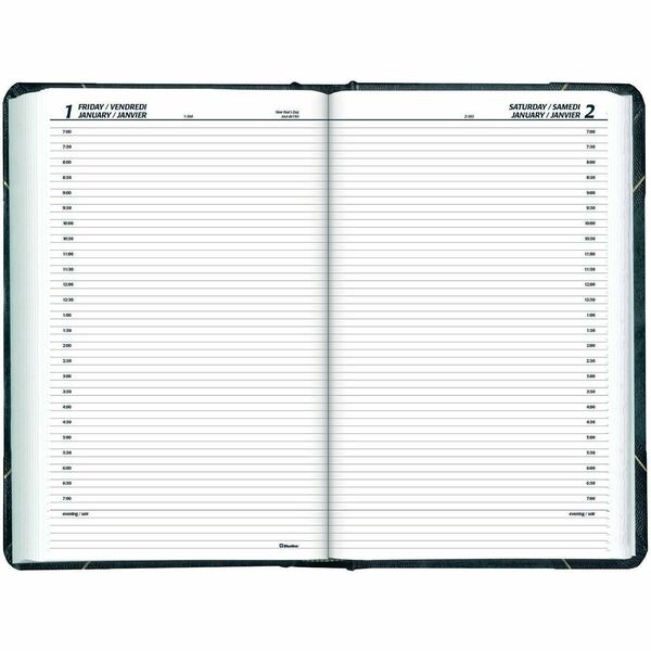 Blueline Traditional Daily Planner, 13-3/8" x 8" , Bilingual, Green - Daily - 12 Month - January 2026 to December 2026 - 7:00 AM to 7:00 PM - Half-hourly - 1 Day Single Page Layout - 8" (203.20 mm) x 13 3/8" (339.73 mm) Sheet Size - Sewn - Black, Green -