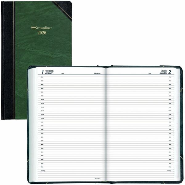 Blueline Traditional Daily Planner, 13-3/8" x 8" , English, Green - Daily - 12 Month - January 2026 to December 2026 - 7:00 AM to 7:30 AM Half-hourly - 1 Day Single Page Layout - 8" (203.20 mm) x 13 3/8" (339.73 mm) Sheet Size - Sewn - Black, Green - Pape