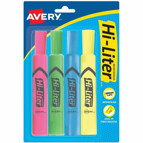 Avery&reg; Desk Style HI-LITER&reg;, Assorted Colours, 4/pk - Chisel Marker Point Style - Yellow, Pink, Orange, Green - 4 / Set