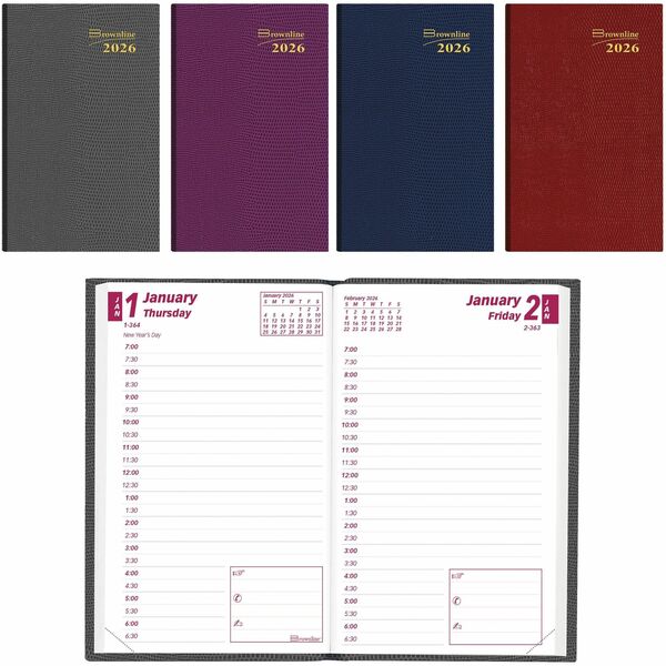 Brownline Daily Pocket Planner, 4-3/4" x 3" , English, Assorted Colours - Pocket - Daily - 12 Month - January 2026 to December 2026 - 7:00 AM to 6:30 PM - Half-hourly - 1 Day Single Page Layout - 3" (76.20 mm) x 4 3/4" (120.65 mm) Sheet Size - Sewn - Asso