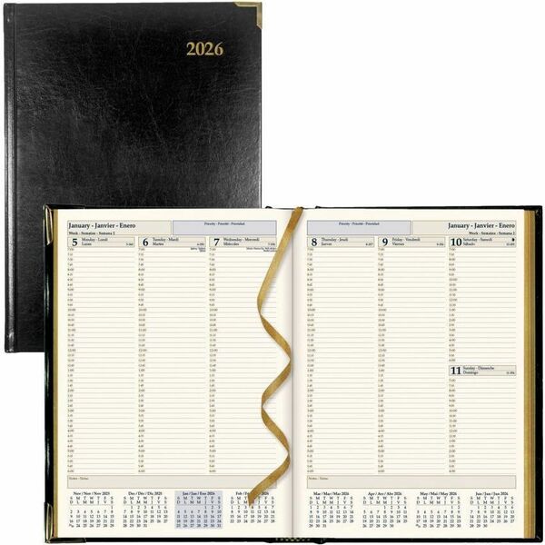 Brownline Executive Weekly Planner, 10-3/4" x 7-3/4" , Trilingual, Black - Weekly - 12 Month - January 2026 to December 2026 - 7:00 AM to 6:00 PM - Quarter-hourly - 1 Week Double Page Layout - 7 3/4" (196.85 mm) x 10 3/4" (273.05 mm) Sheet Size - Sewn - B