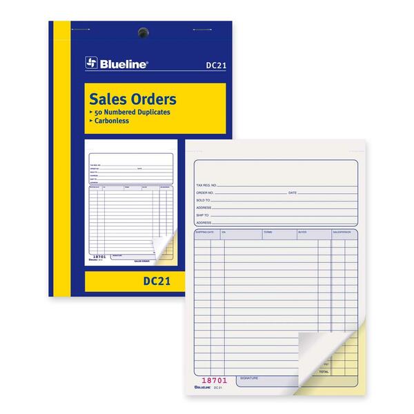 Blueline Sales Order Book - 50 Sheet(s) - 2 Part - Carbonless Copy - 5 3/8" (13.7 cm) x 8" (20.3 cm) Sheet Size - Blue Cover - 1 Each