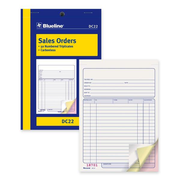 Blueline Sales Order Book - 50 Sheet(s) - 3 Part - Carbonless Copy - 5 3/8" (13.7 cm) x 8" (20.3 cm) Sheet Size - Blue Cover - 1 Each