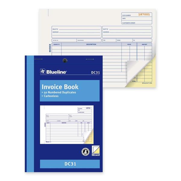 Blueline Invoice Book - 50 Sheet(s) - 2 Part - Carbonless Copy - 8" (20.3 cm) x 5 3/8" (13.7 cm) Sheet Size - Blue Cover - 1 Each