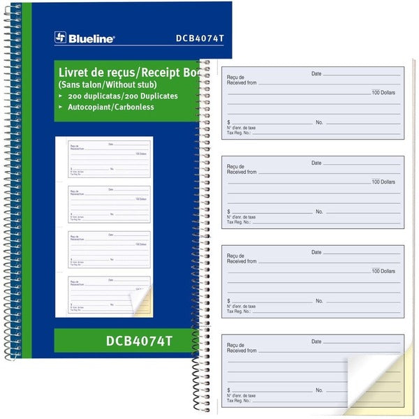 Blueline Receipt Book - 200 Sheet(s) - Spiral Bound - 2 Part - Carbonless Copy - 6 5/8" (16.8 cm) x 10 5/8" (27 cm) Sheet Size - Blue Cover - 1 Each