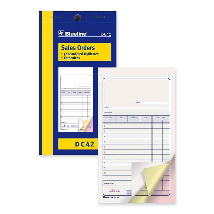 Blueline Sales Order Book - 50 Sheet(s) - 3 Part - Carbonless Copy - 3 1/2" (8.9 cm) x 6 1/2" (16.5 cm) Sheet Size - Blue Cover - 1 Each