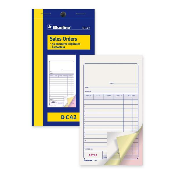 Blueline Sales Order Book - 50 Sheet(s) - 3 Part - Carbonless Copy - 3 1/2" (8.9 cm) x 6 1/2" (16.5 cm) Sheet Size - Blue Cover - 1 Each