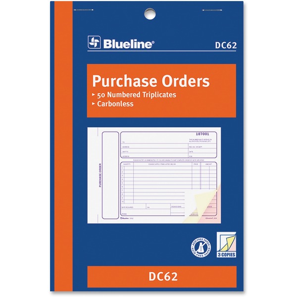 Blueline Purchase Order Form Book - 50 Sheet(s) - 3 Part - Carbonless Copy - 7 63/64" (20.3 cm) x 5 25/64" (13.7 cm) Sheet Size - Blue Cover - 1 Each