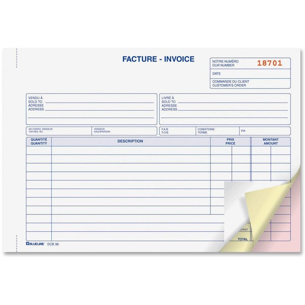 Blueline Bilingual Invoice Book - 50 Sheet(s) - 3 Part - Carbonless Copy - 8" (20.3 cm) x 5 3/8" (13.7 cm) Sheet Size - Blue Cover - 1 Each