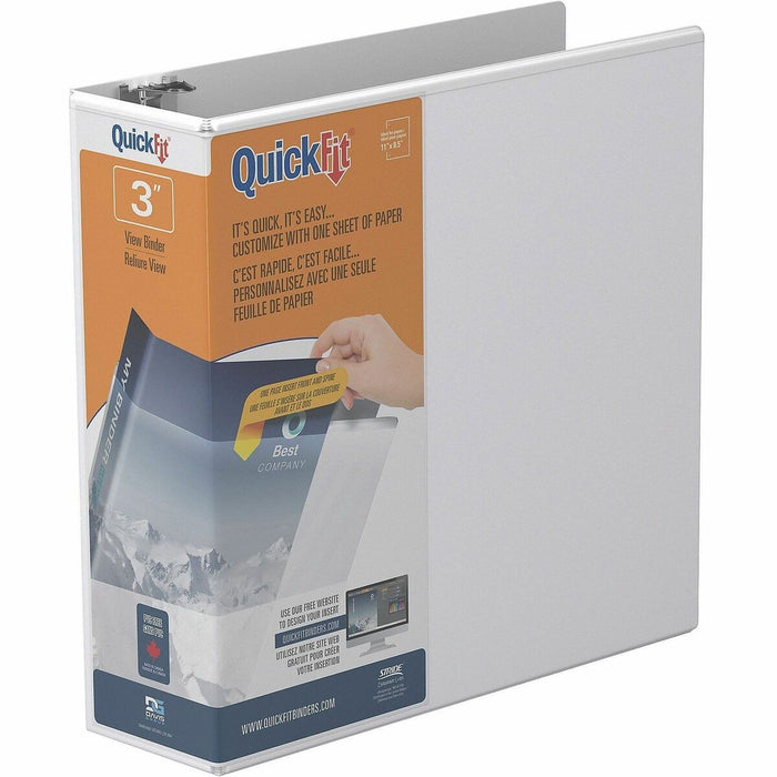 QuickFit View Binder, 3-Ring Binder, Angle D Ring, 3 Inch, White - 3" (76.20 mm) Binder Capacity - Letter - 8 1/2" (215.90 mm) x 11" (279.40 mm) Sheet Size - 625 Sheet Capacity - 3 x 3" (76.20 mm) Ring(s) - Fastener(s): D-Ring - Polypropylene - White - Re