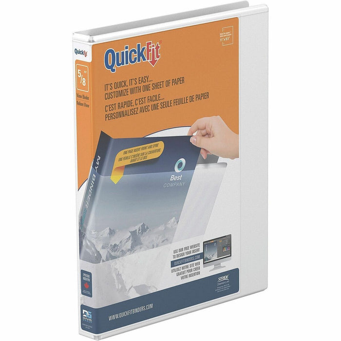 QuickFit View Binder, 3-Ring Binder, Angle D Ring, 5/8 Inch, White - 5/8" (15.75 mm) Binder Capacity - Letter - 8 1/2" (215.90 mm) x 11" (279.40 mm) Sheet Size - 150 Sheet Capacity - 3 x 0.63" (15.88 mm) Ring(s) - Fastener(s): D-Ring - Pocket(s): Internal