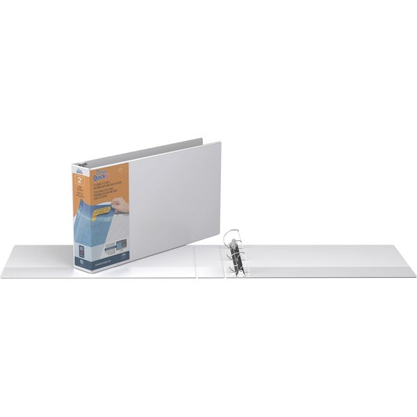 QuickFit QuickFit Angle D-ring Deluxe Ledger Spreadsheet View Binder - 2" Binder Capacity - 11" x 17" Sheet Size - D-Ring Fastener(s) - Internal Pocket(s) - Suede - White - Recycled - Clear Overlay, Locking Ring, Heavy Duty, Easy Insert Spine, Antimicrobi