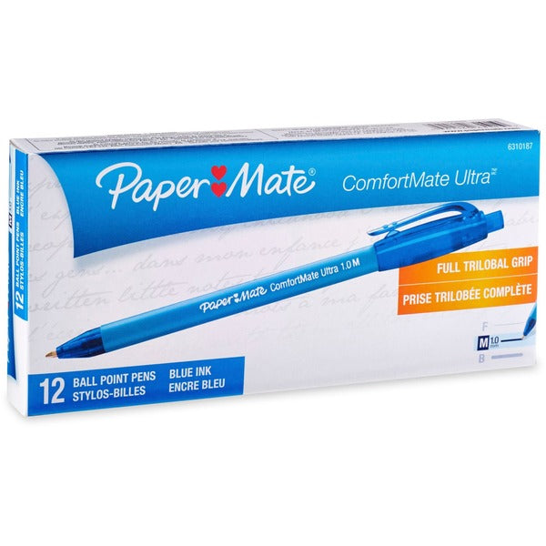 Paper Mate Comfort Mate Retractable Pens - Medium Pen Point - Retractable - Blue Ink - Rubber Barrel - 1 Dozen