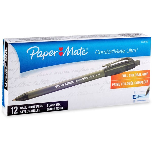 Paper Mate Comfort Mate Retractable Pens - Medium Pen Point - Retractable - Black Ink - Black Rubber Barrel - 1 Dozen