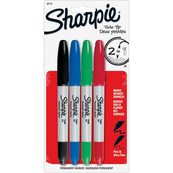 Sharpie Twin-Tip Markers - Ultra Fine, Fine Marker Point - 1 mm, 0.3 mm Marker Point Size - Black, Red, Blue, Green Alcohol Based Ink - 4 / Set