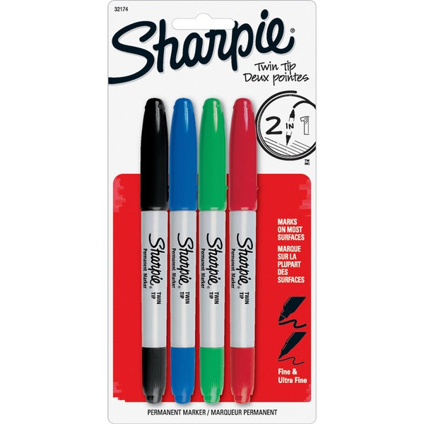 Sharpie Twin-Tip Markers - 1 mm (0.04") Ultra Fine, 0.3 mm (0.01") Fine Marker Point - Black, Red, Blue, Green Ink - Alcohol Based - 4 / Set