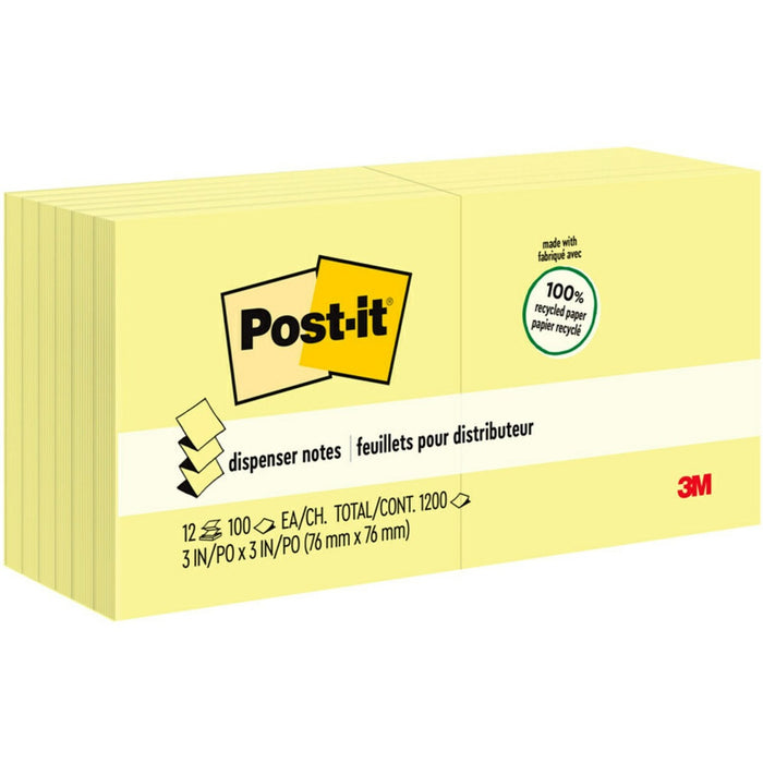 Post-it&reg; Greener Dispenser Notes - 1200 - 3" (76.20 mm) Flag/Note Width x 3" (76.20 mm) Flag/Note Length - Square - 100 Sheets per Pad - Unruled - Yellow - Paper - Self-adhesive, Repositionable, Non-smearing - Recycled - 12 / Pack