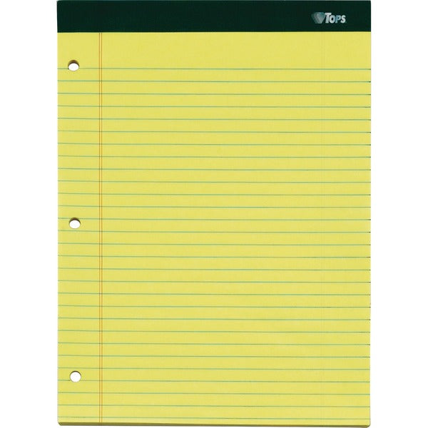 TOPS Double Docket Ruled Writing Pads - Letter - 100 Sheets - Double Stitched - 0.34" Ruled - 16 lb Basis Weight - Letter - 8 1/2" x 11" - Canary, Canary Paper - Green Binding - Perforated, Stiff-back, Resist Bleed-through - 3 / Pack