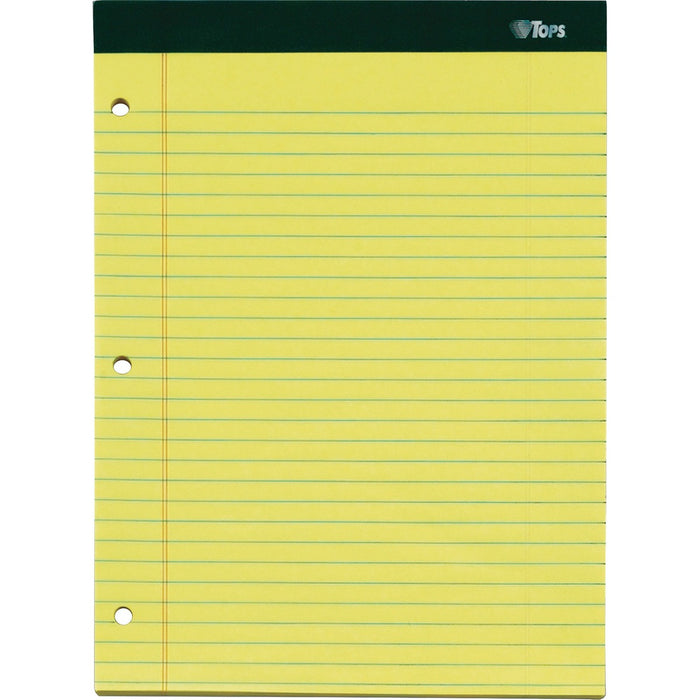 TOPS Double Docket Ruled Writing Pads - Letter - 100 Sheets - Double Stitched - 0.34" (8.64 mm) Ruled - 16 lb (7257.48 g) Basis Weight - Letter - 8 1/2" (21.59 cm) x 11" (27.94 cm) Sheet Size - Canary, Canary Paper - Green Binding - Perforated, Stiff-back