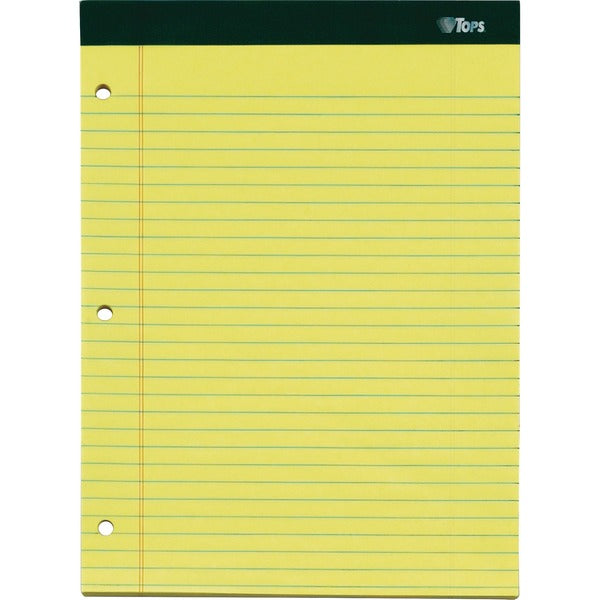 TOPS Double Docket Ruled Writing Pads - Letter - 100 Sheets - Double Stitched - 0.34" (8.64 mm) Ruled - 16 lb (7257.48 g) Basis Weight - Letter - 8 1/2" (21.59 cm) x 11" (27.94 cm) Sheet Size - Canary, Canary Paper - Green Binding - Perforated, Stiff-back