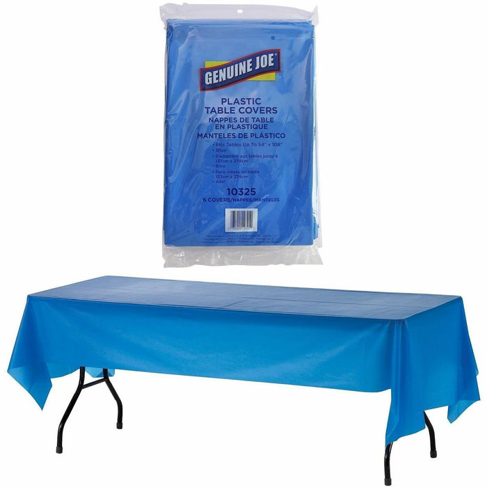 Genuine Joe Plastic Rectangular Table Covers - 108" (2743.20 mm) Length x 54" (1371.60 mm) Width - Plastic - Blue - 6 / Pack