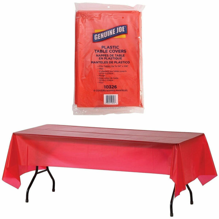 Genuine Joe Plastic Rectangular Table Covers - 108" (2743.20 mm) Length x 54" (1371.60 mm) Width - Plastic - Red - 6 / Pack