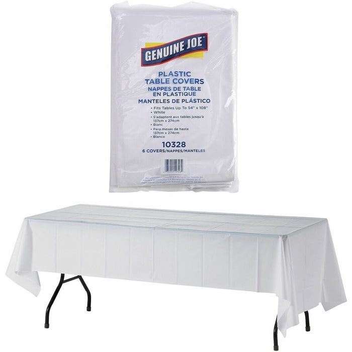Genuine Joe Plastic Rectangular Table Covers - 108" (2743.20 mm) Length x 54" (1371.60 mm) Width - Plastic - White - 6 / Pack
