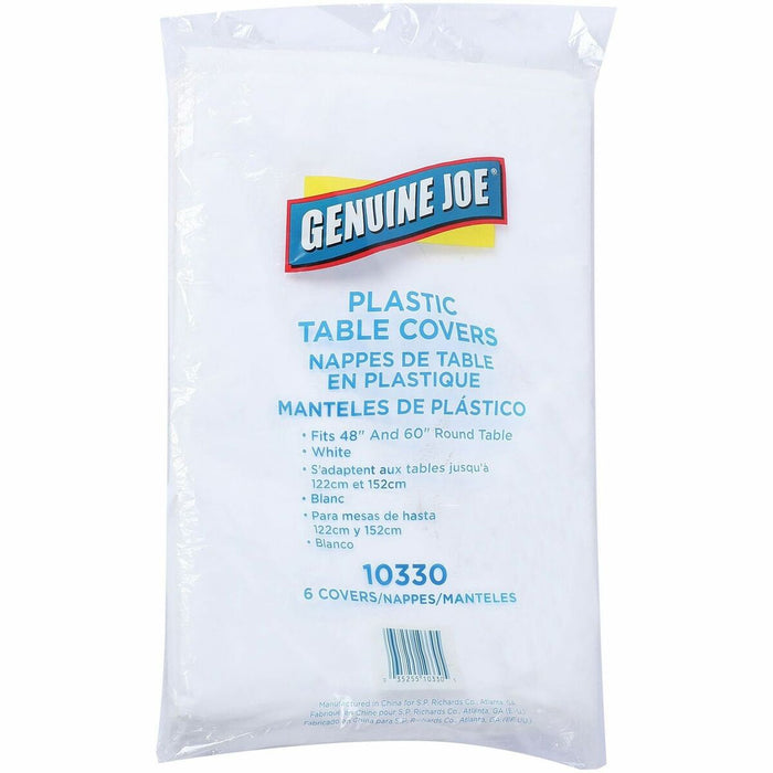 Genuine Joe Plastic Round Tablecovers - 84" (2133.60 mm) Diameter - Plastic - White - 6 / Pack