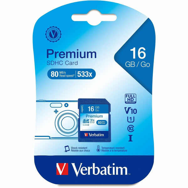 Verbatim 16GB Premium SDHC Memory Card, UHS-I V10 U1 Class 10 - 20 MB/s Read - 9 MB/s Write - Lifetime Warranty