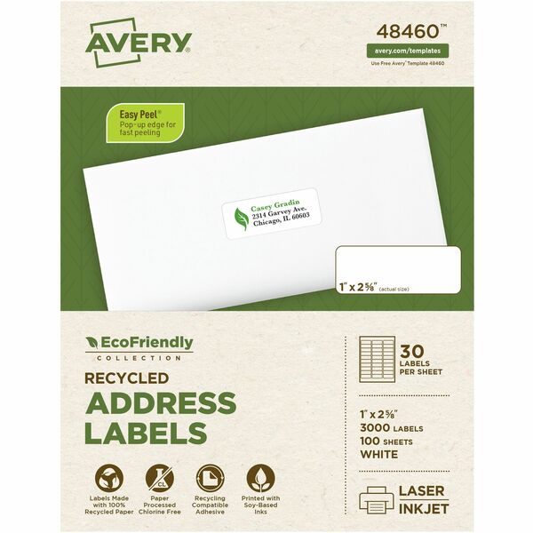 Avery&reg; Eco-Friendly Address Labels for Laser and Inkjet Printers, 1" x 2?" - 1" Width x 2 5/8" Length - Permanent Adhesive - Rectangle - Laser, Inkjet - Matte - White - Paper - 30 / Sheet - 100 Total Sheets - 3000 Total Label(s) - 3000 / Box - Recycla