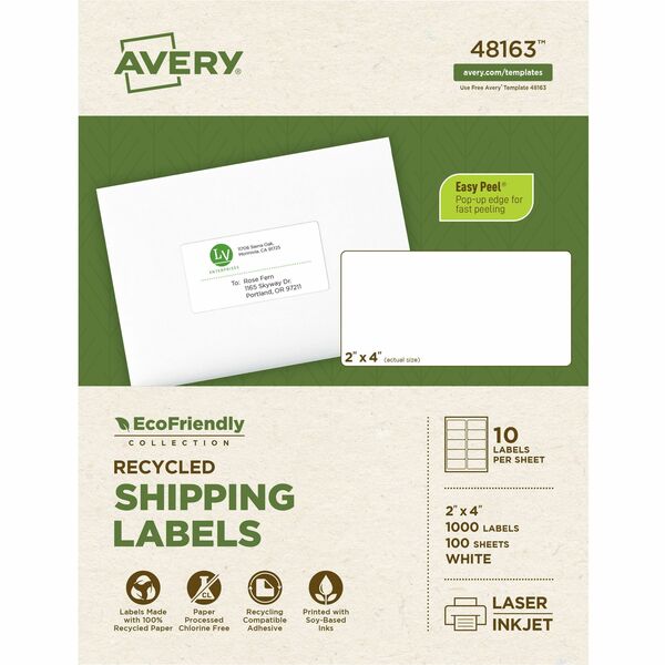 Avery&reg; Eco-Friendly Shipping Labels for Laser and Inkjet Printers, 2" x 4" - 2" Width x 4" Length - Permanent Adhesive - Rectangle - Laser, Inkjet - Matte - White - Paper - 10 / Sheet - 100 Total Sheets - 1000 Total Label(s) - 1000 / Box - Recyclable,