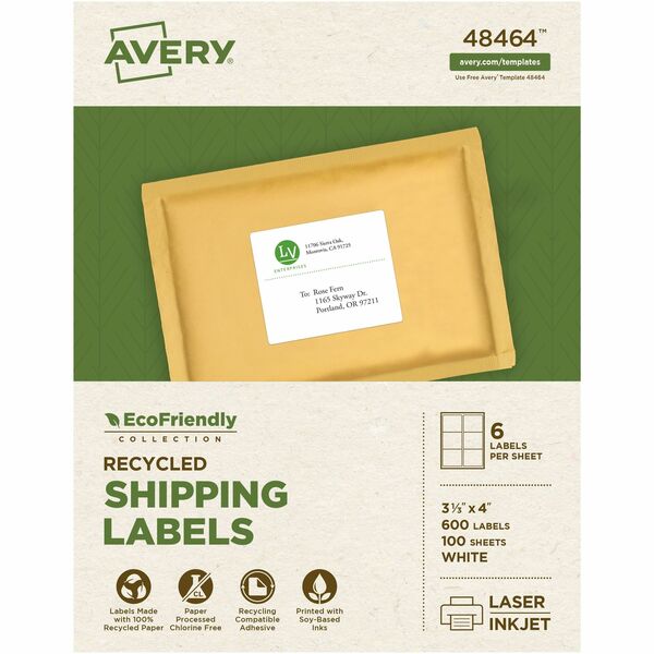 Avery&reg; Eco-Friendly Shipping Labels for Laser and Inkjet Printers, 3?" x 4" - 3 21/64" Width x 4" Length - Permanent Adhesive - Rectangle - Laser, Inkjet - Matte - White - Paper - 6 / Sheet - 100 Total Sheets - 600 Total Label(s) - 600 / Box - Recycla