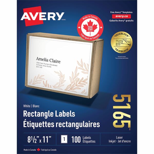 Avery&reg; White Rectangle Labels, TrueBlock, 8½" x 11" , for Laser and Inkjet Printers - 8 1/2" (215.90 mm) Height x 11" (279.40 mm) Width - Full Sheet - Permanent Adhesive - Laser, Inkjet - Matte - Bright White - Paper - 1 / Sheet - 100 Total Sheets - 1