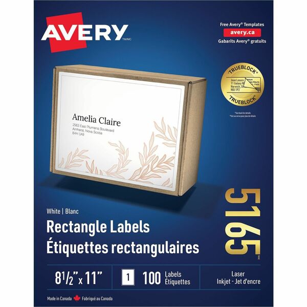 Avery&reg; White Rectangle Labels, TrueBlock&reg;, 8½" x 11" , for Laser and Inkjet Printers - 8 1/2" Height x 11" Width - Permanent Adhesive - Laser - Bright White - Paper - 1 / Sheet - 100 Total Sheets - 100 Total Label(s) - 100 / Box