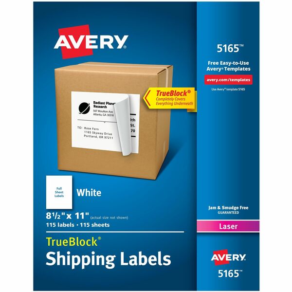 Avery&reg; White Rectangle Labels,TrueBlock&reg;, 8-1/2" x 11" , for Laser and Inkjet Printers - 8 1/2" (215.90 mm) Height x 11" (279.40 mm) Width - Permanent Adhesive - Laser, Inkjet - Matte - Bright White - Paper - 1 / Sheet - 100 Total Sheets - 100 Tot