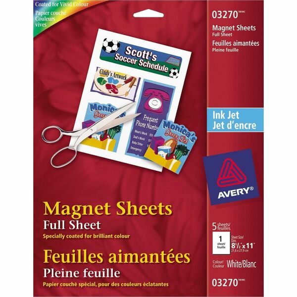 Avery&reg; Magnet Sheets for Inkjet Printers - Letter - 8 1/2" x 11" - Matte - 5 / Pack - Lightweight, Printable, Die-cut - White