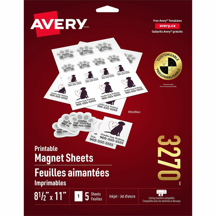 Avery&reg; Magnet Sheetsfor Inkjet Printers - Letter - 8 1/2" (215.90 mm) x 11" (279.40 mm) - Matte - Lightweight, Printable, Die-cut - White - 5 / Pack