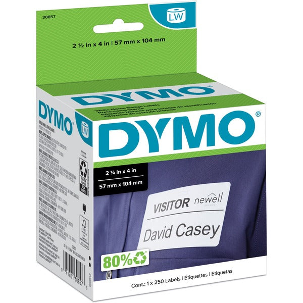 Dymo LabelWriter Adhesive Name Badges - 4" (101.60 mm) Width x 2 1/4" (57.15 mm) Length - Removable Adhesive - Rectangle - Direct Thermal - White - 250 / Roll