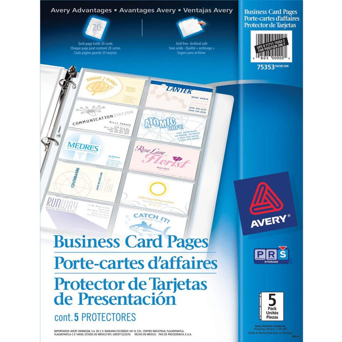 Avery&reg; Untabbed Business Card Holder - 20 x Business Card, 3 x Binder - Clear - 5 / Pack