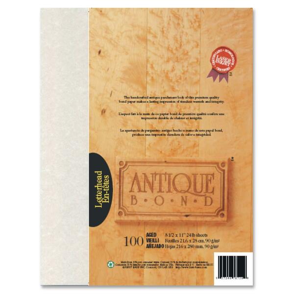 First Base Antique Bond Paper - Letter - 8 1/2" (215.90 mm) x 11" (279.40 mm) - 24 lb (10886.22 g) Basis Weight - Acid-free, Lignin-free - Aged - 100 / Pack