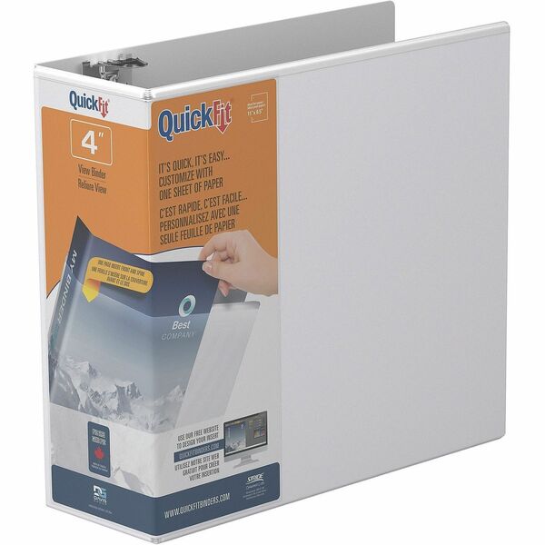 QuickFit View Binder, 3-Ring Binder, Angle D Ring, 4 Inch, White - 4" (101.60 mm) Binder Capacity - 8 1/2" (215.90 mm) x 11" (279.40 mm) Sheet Size - 750 Sheet Capacity - 3 x 4" (101.60 mm) Ring - Fastener: D-Ring - Polypropylene - White - Recycled - Lock