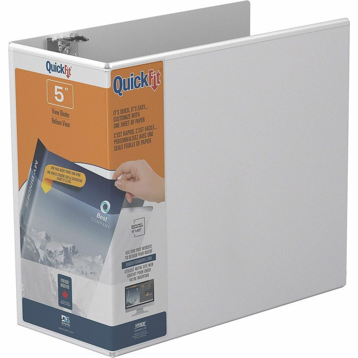 QuickFit View Binder, 3-Ring Binder, Angle D Ring, 5 Inch, White - 5" (127 mm) Binder Capacity - 8 1/2" (215.90 mm) x 11" (279.40 mm) Sheet Size - 1000 Sheet Capacity - 3 x 5" (127 mm) Ring - Fastener: D-Ring - Polypropylene - White - Yes - Locking Ring,