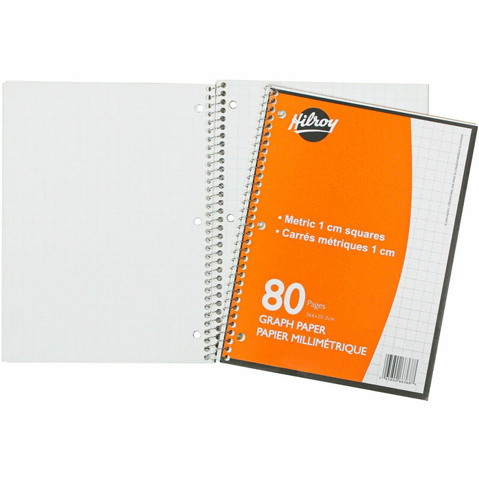 Hilroy Metric Graph Paper Coil Notebook - 80 Sheets - Coilock - Front Ruling Surface - 8" (20.32 cm) x 10 1/2" (26.67 cm) Sheet Size - White Paper - 1 Each