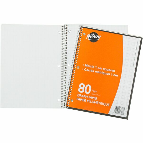 Hilroy Metric Graph Paper Coil Notebook - 80 Sheets - Coilock - Front Ruling Surface - 8" (20.32 cm) x 10 1/2" (26.67 cm) Sheet Size - White Paper - 1 Each