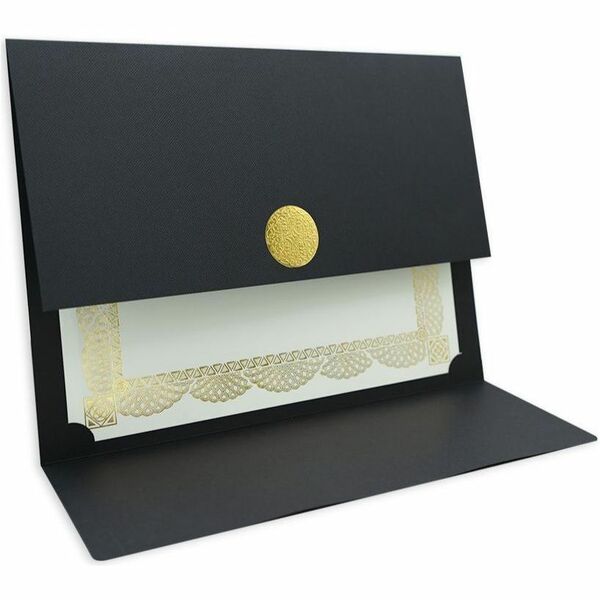 St. James&reg; Elite&trade; Medallion Fold Certificate Holders, Black Linen with Gold Medallion, Pack of 5, 83564