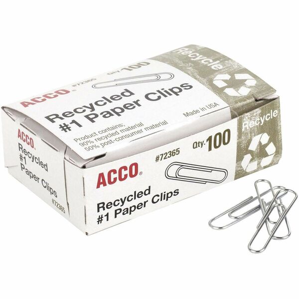 ACCO Recycled Paper Clips - No. 1 - 1.28" (32.54 mm) Length - 10 Sheet Capacity - Durable, Reusable - Silver - Metal - 100 / Box