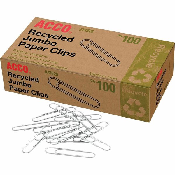 ACCO Recycled Paper Clips - Jumbo - 1.57" (39.75 mm) Length - 20 Sheet Capacity - Reusable, Durable - Silver - Metal - 100 / Box